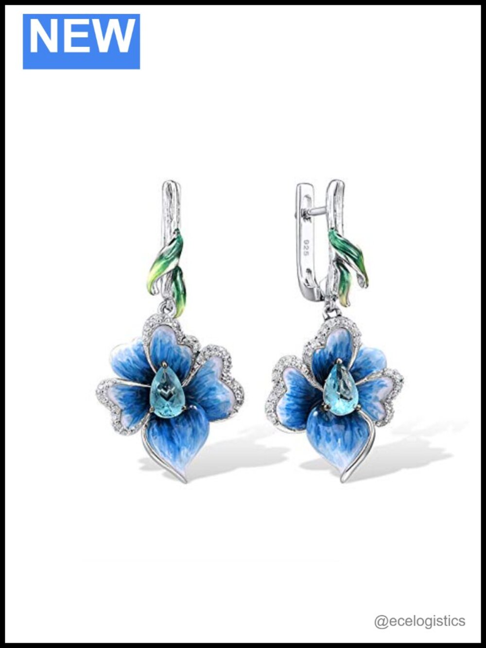 925 Sterling Silver Enamel Flower Dangle Earrings Latch Back